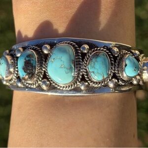 Navajo Native American Sterling Silver Blue Turquoise Row Cuff Bracelet J Nelson